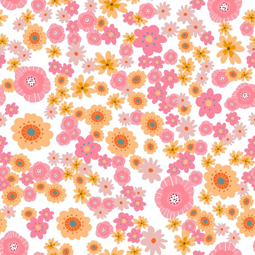 Vector floral pattern in doodle style with flowers and leaves. Gentle, spring floral background.