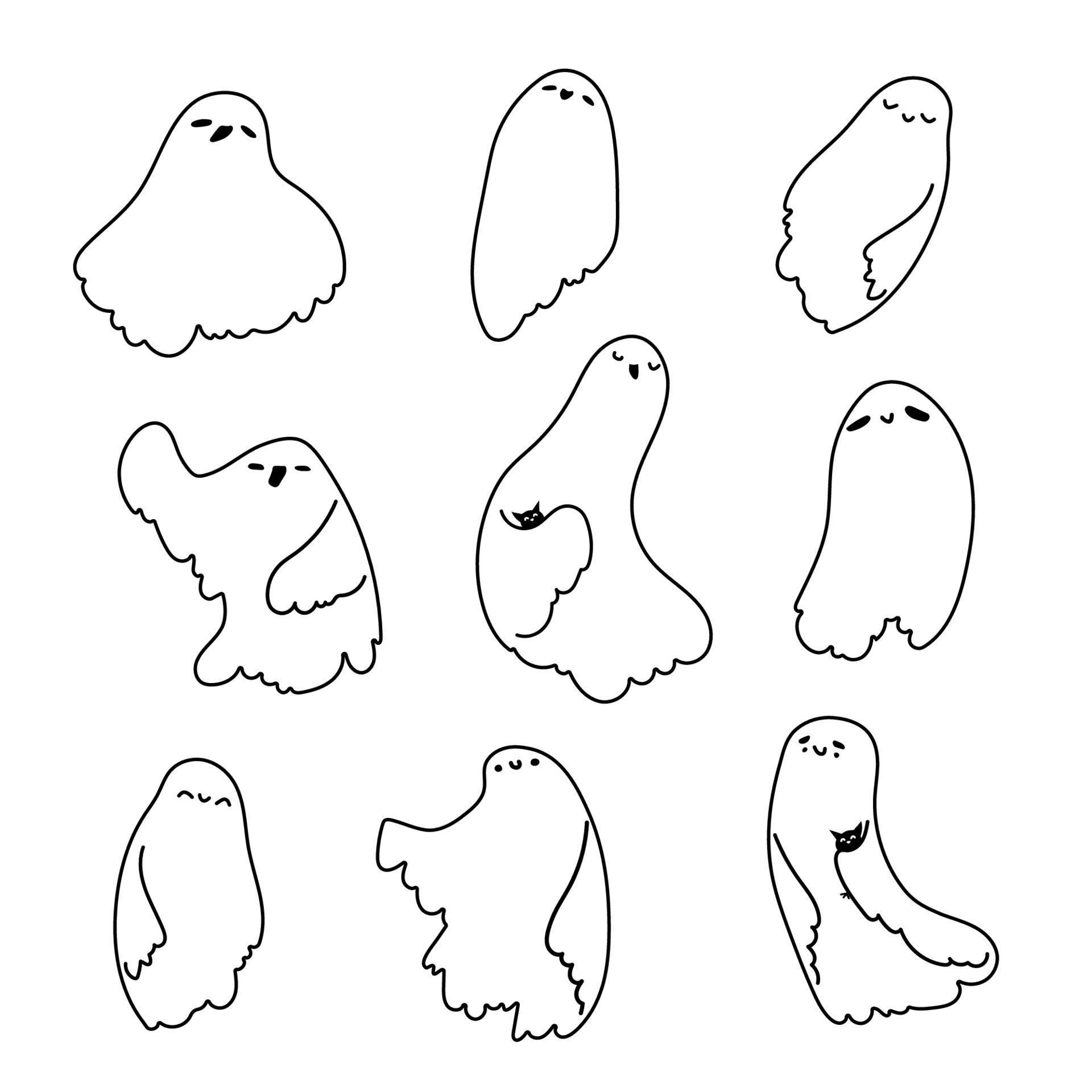 Set of cute outline hand drawn ghosts with vampire bats. Happy black ...