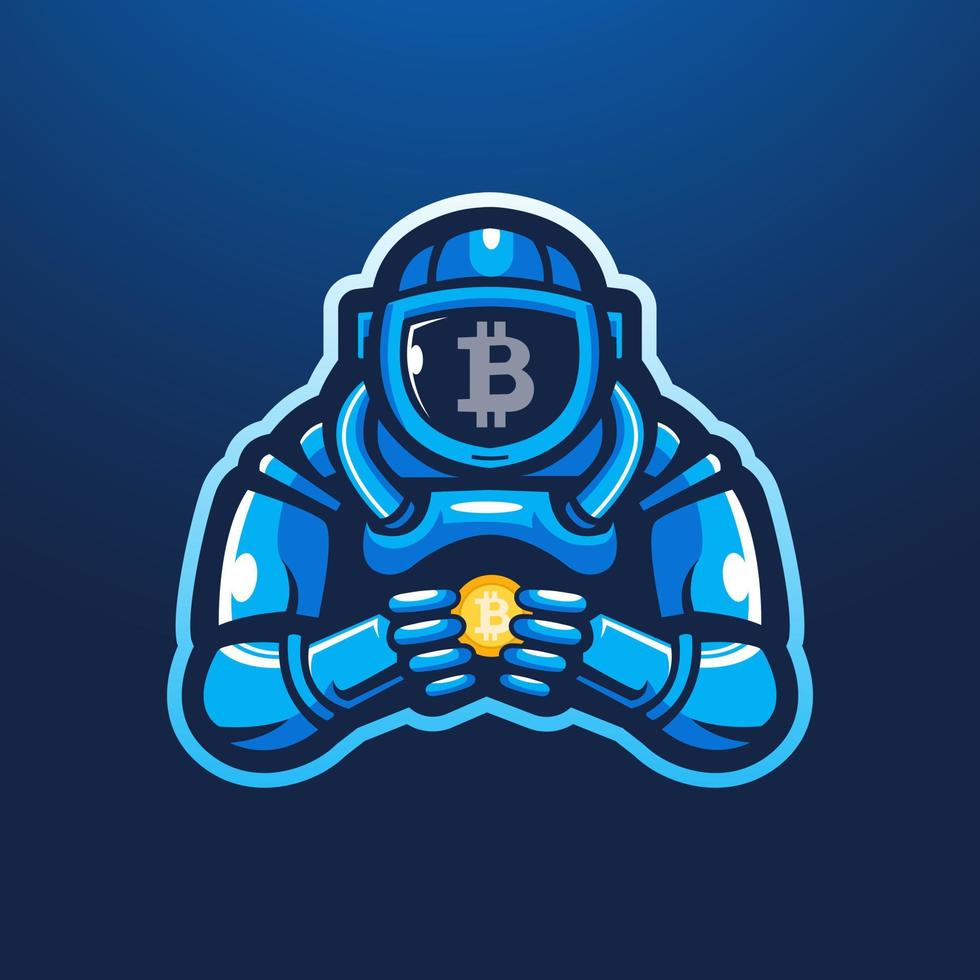 Astronauta sosteniendo vector de ilustración de diseño de logotipo de mascota de bitcoin