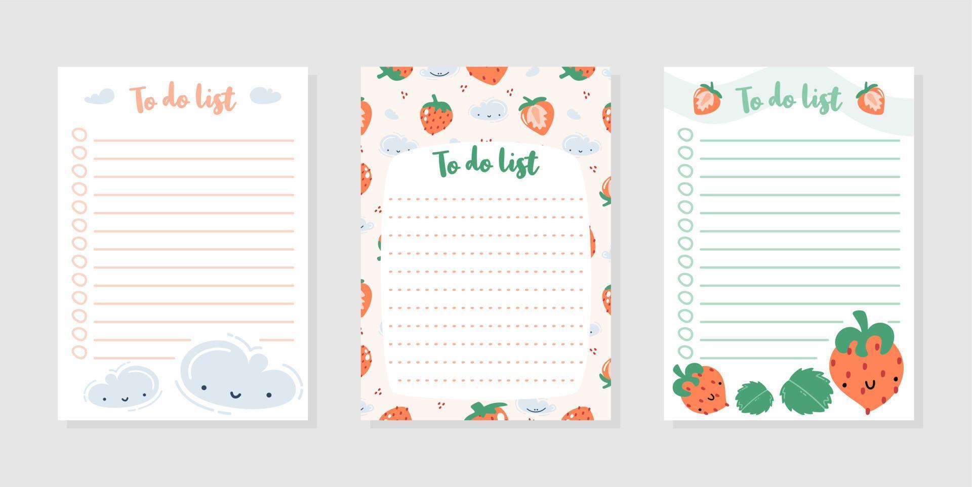 Set of to do list with cute strawberries, leaves and clouds. Templates for organizer, planner, agenda, scheduler, notebooks. vector