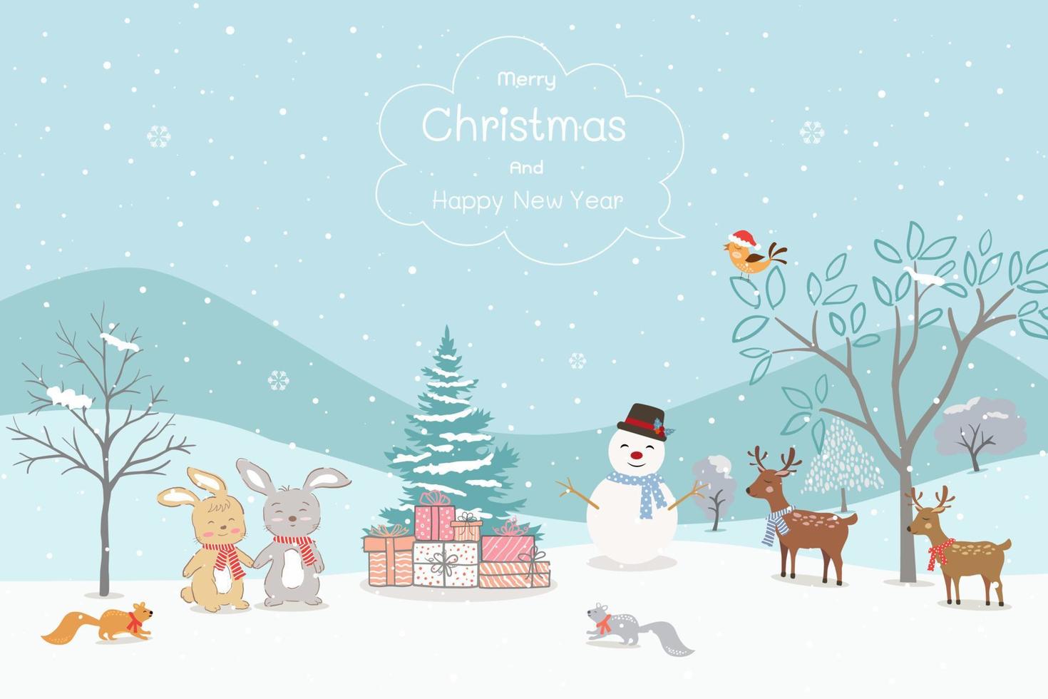 Merry Christmas and Happy new year greeting card with animals happy on winter background vector