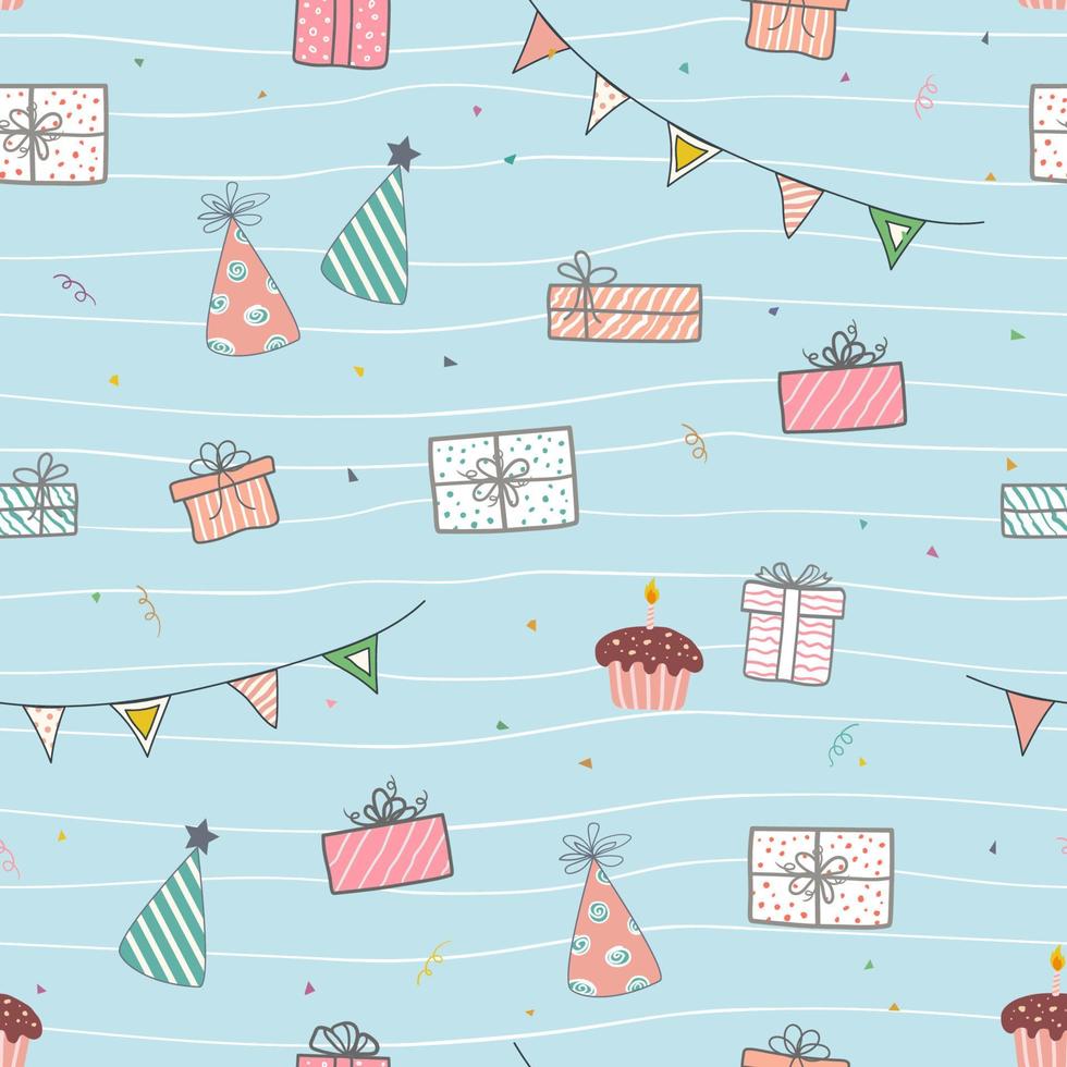 Hand drawn cute gift box seamless pattern on soft blue background vector