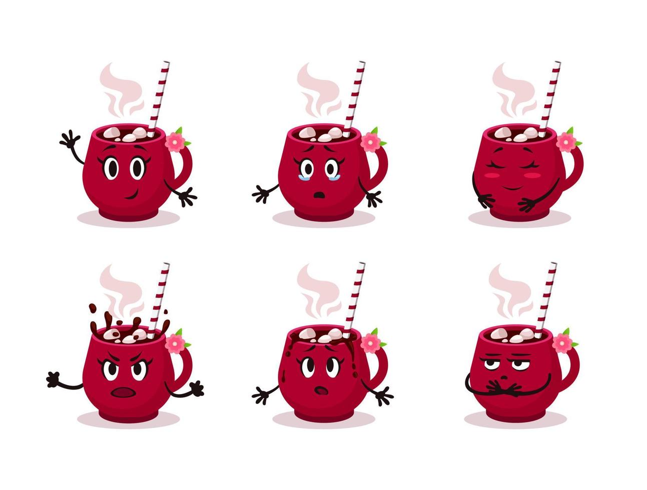Cartoon vector emotion set of red cup with christmas drink. Cacao with marshmallow.