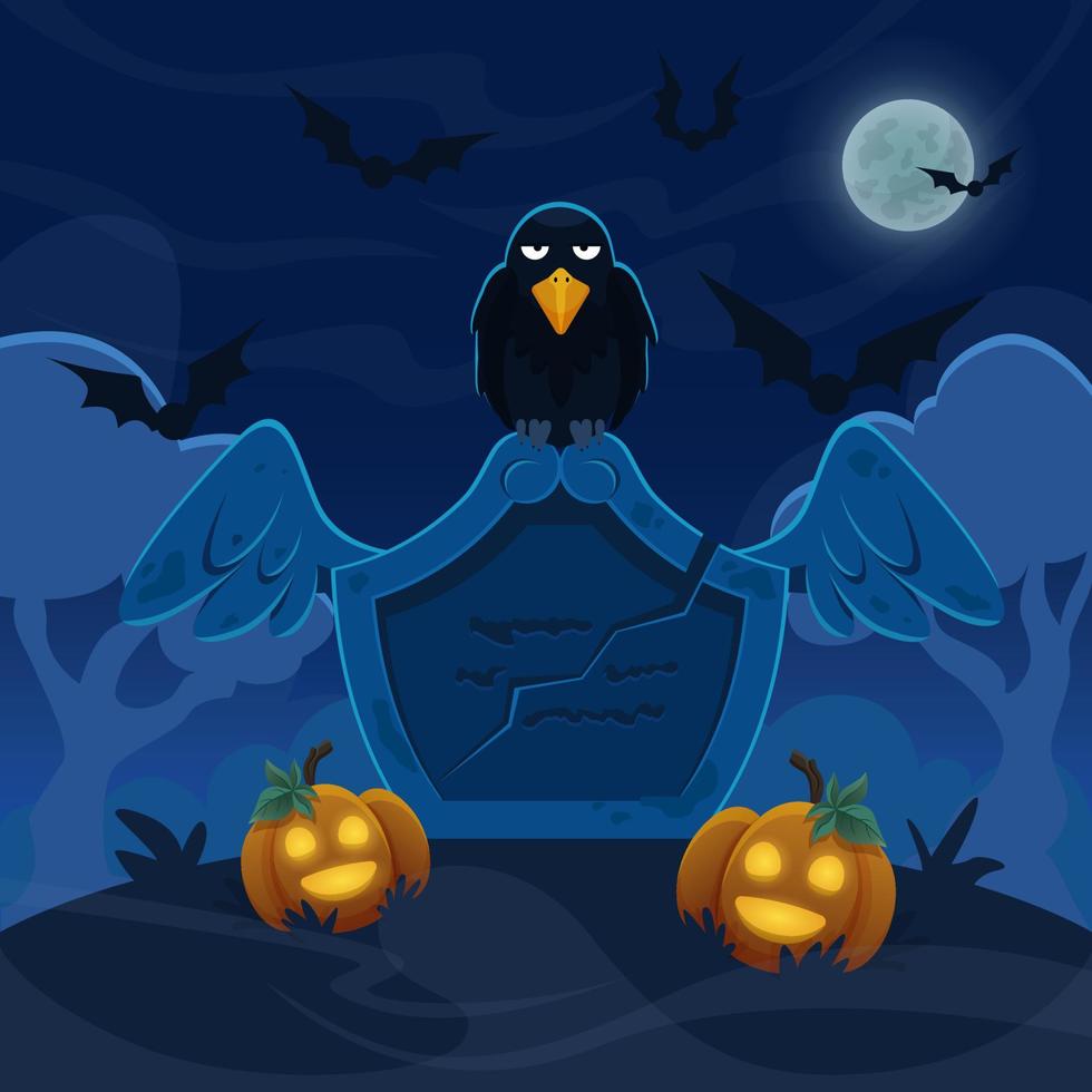 Pocker face raven sitting on stone grave. Cartoon halloween illustration for marketing, print or cover vector