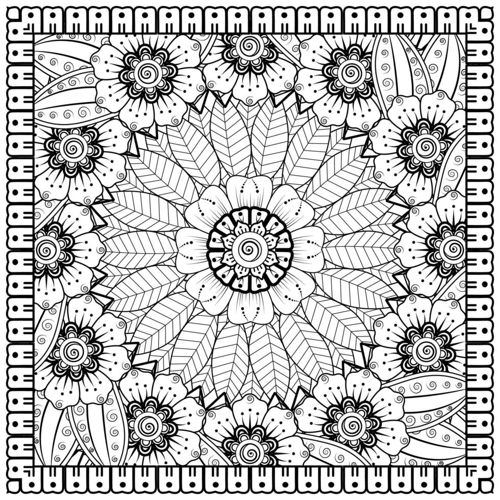 Outline square flower pattern in mehndi style for coloring book page vector