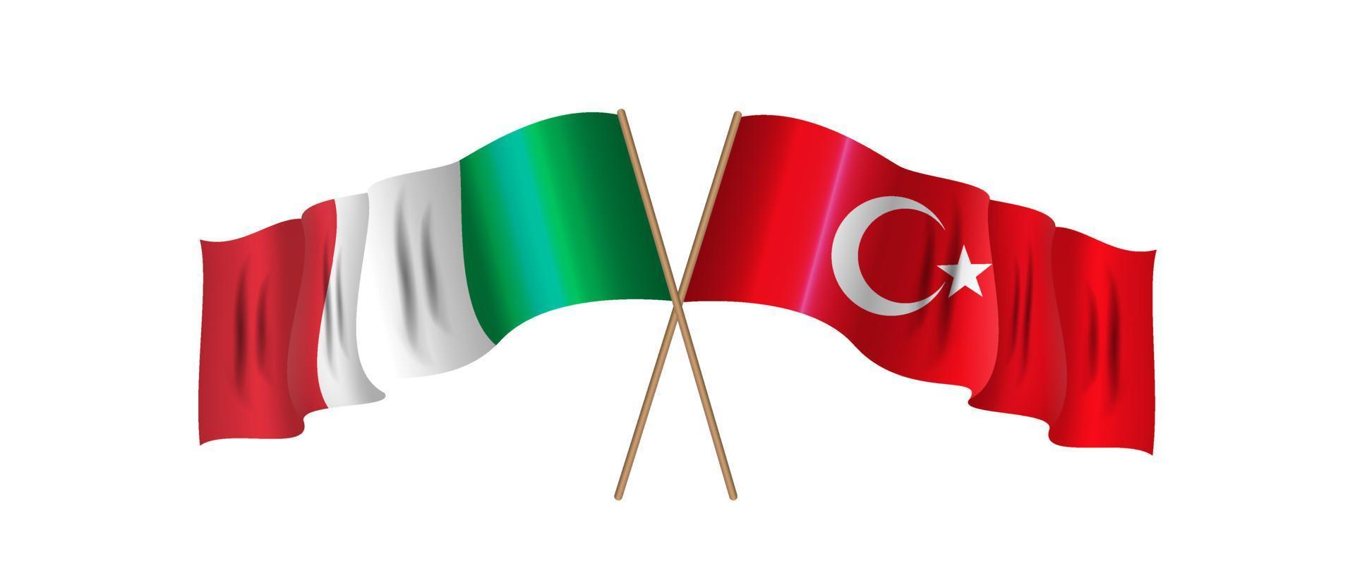 Two crossed flags of Turkey and Italy. Business, tourist, international relations concept. Vector Illustration