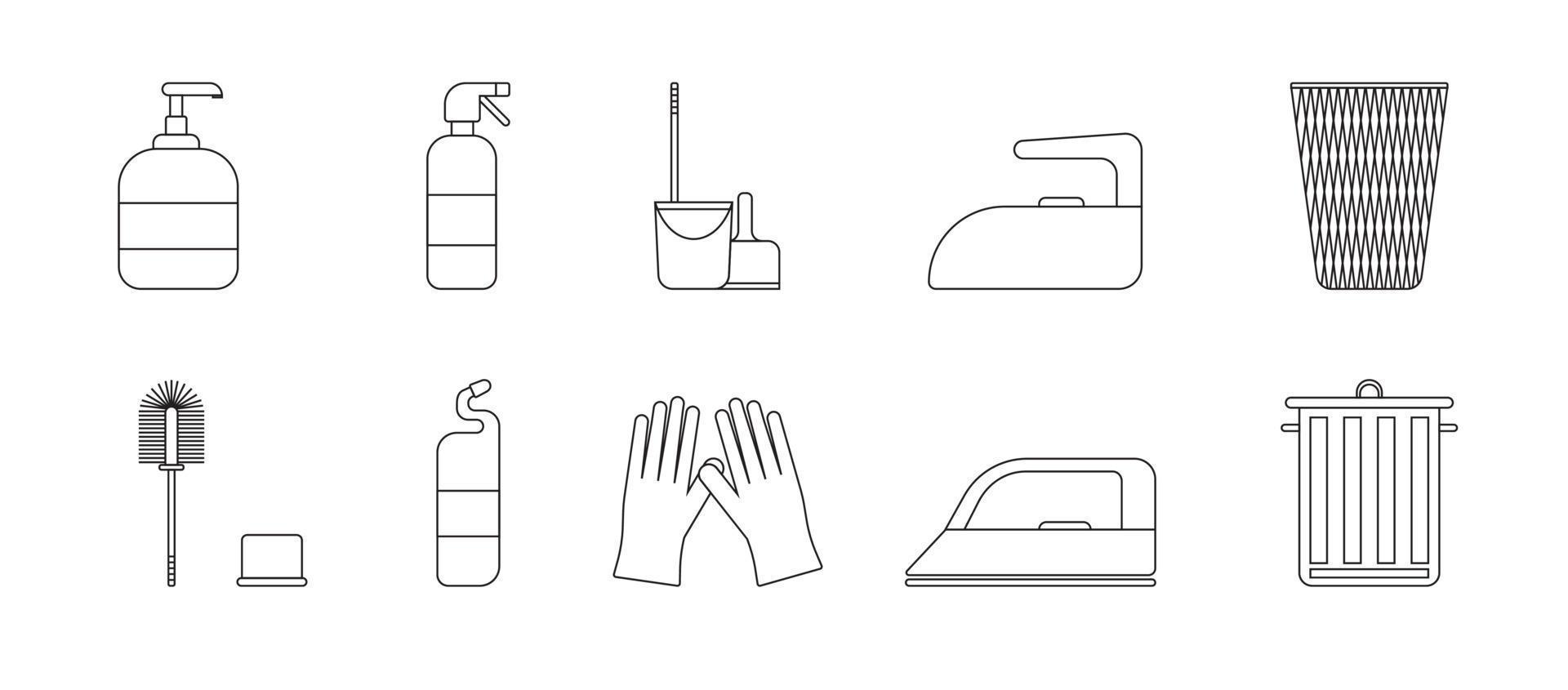 A set of cleaning equipment - buckets, brushes, gels, gloves. Black and white icon. Vector Illustration