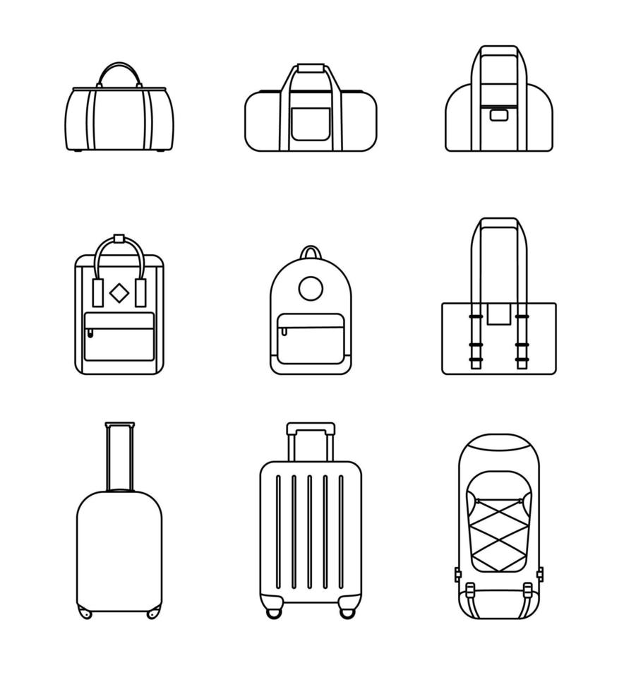 Conjunto de colección de iconos de bolsas de viaje, mochilas, maletas aislado sobre fondo blanco. vector