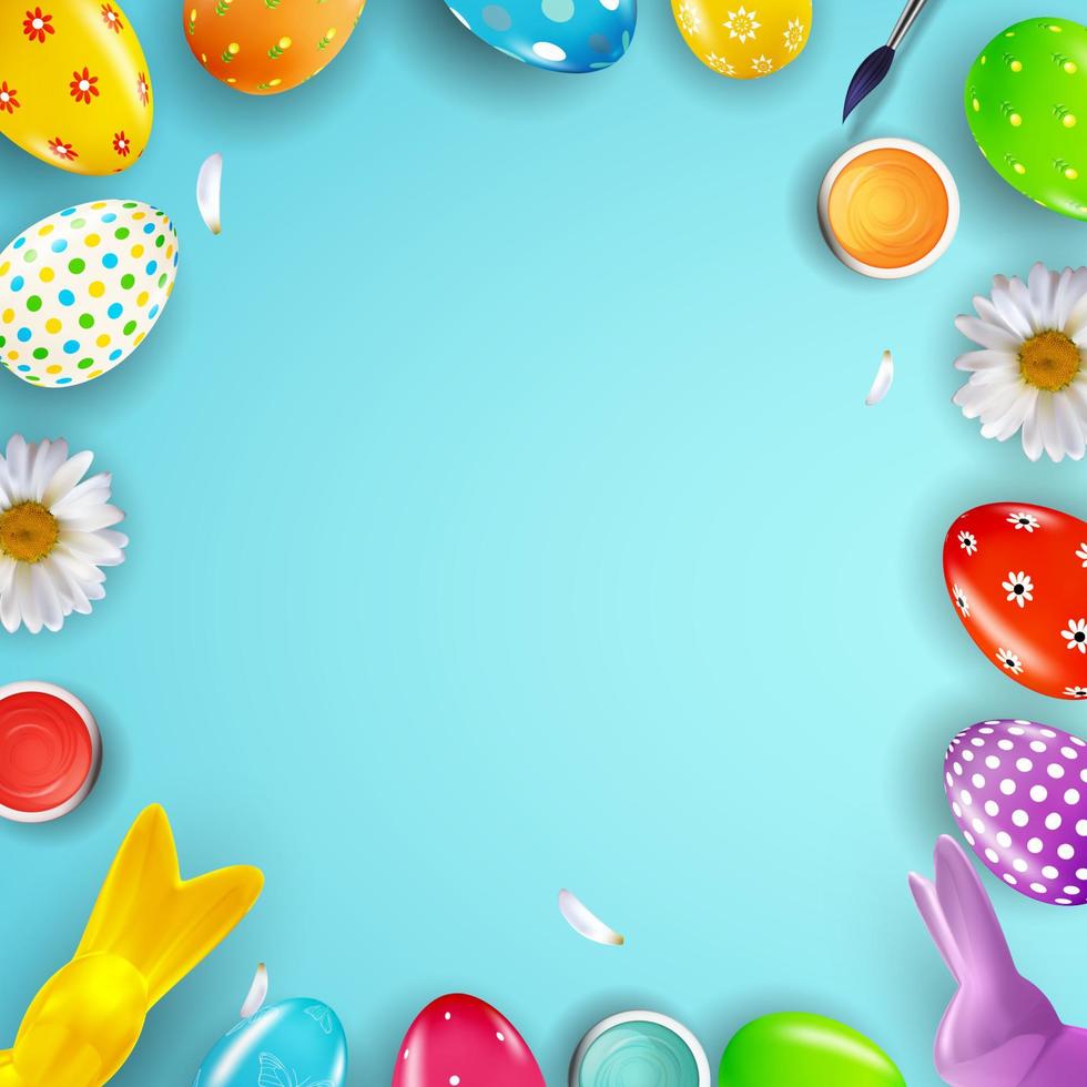 Easter poster template with 3d realistic eggs, paint.  Template for advertising, poster, flyer, greeting card.  Vector Illustration