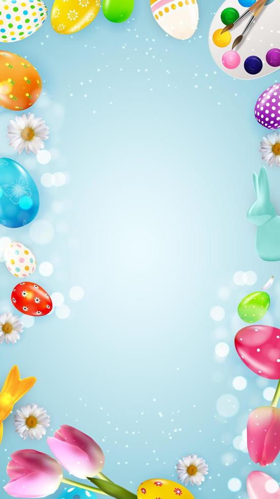 Easter poster template with 3d realistic eggs, paint.  Template for advertising, poster, flyer, greeting card.  Vector Illustration