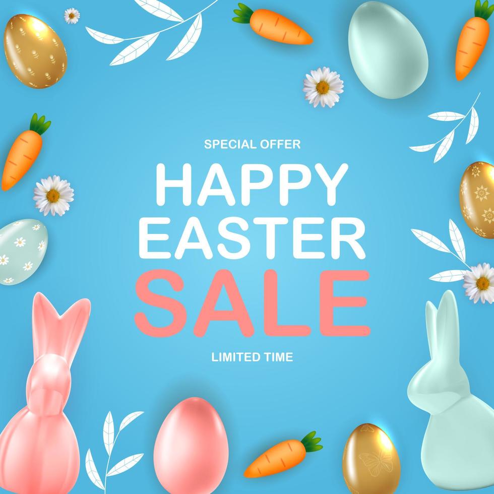 Happy Easter sale poster template with 3d realistic Easter eggs, bunny, carrot.  Template for advertising, poster, flyer, greeting card.  Vector Illustration
