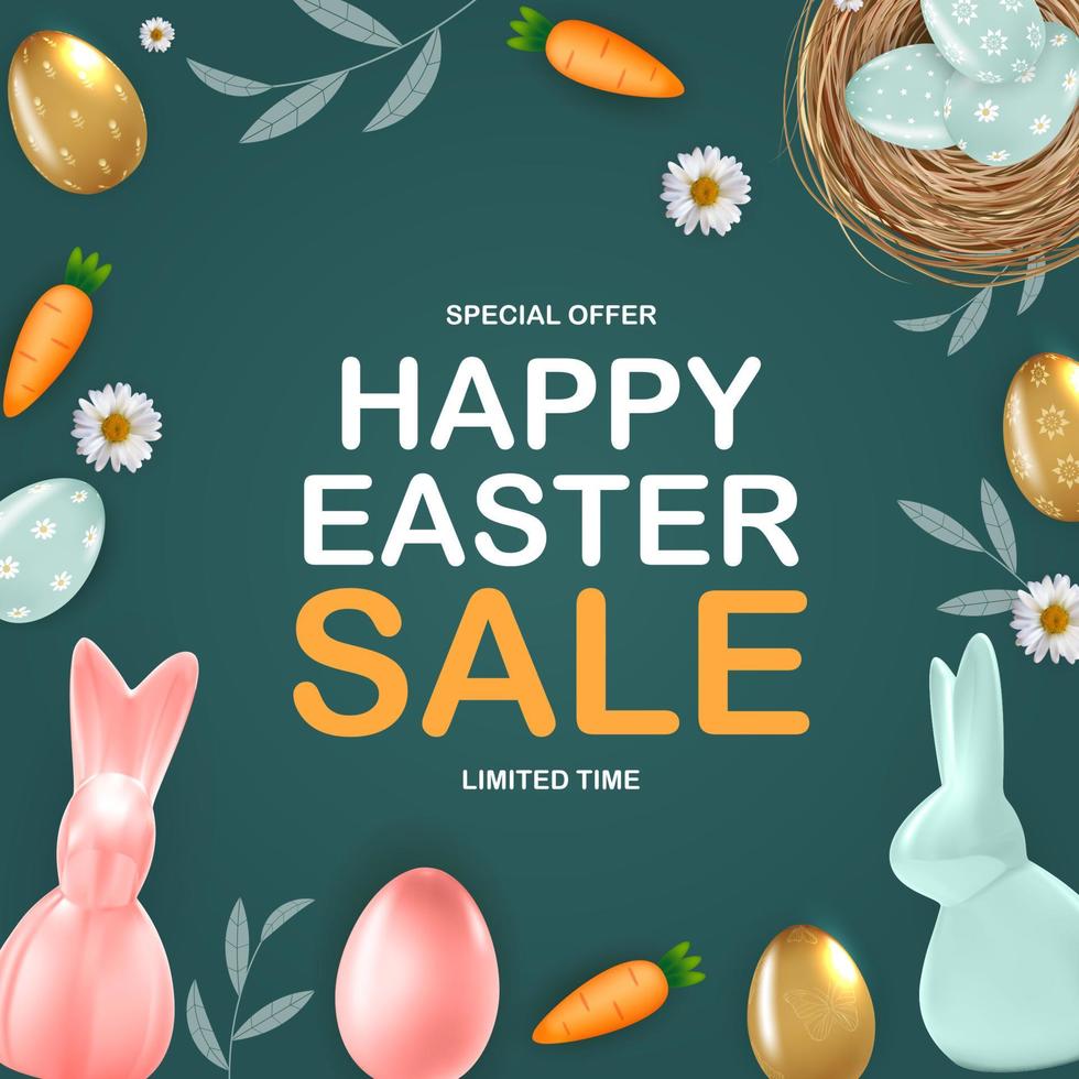 Happy Easter sale poster template with 3d realistic Easter eggs, bunny, carrot, daisy flower.  Template for advertising, poster, flyer, greeting card.  Vector Illustration