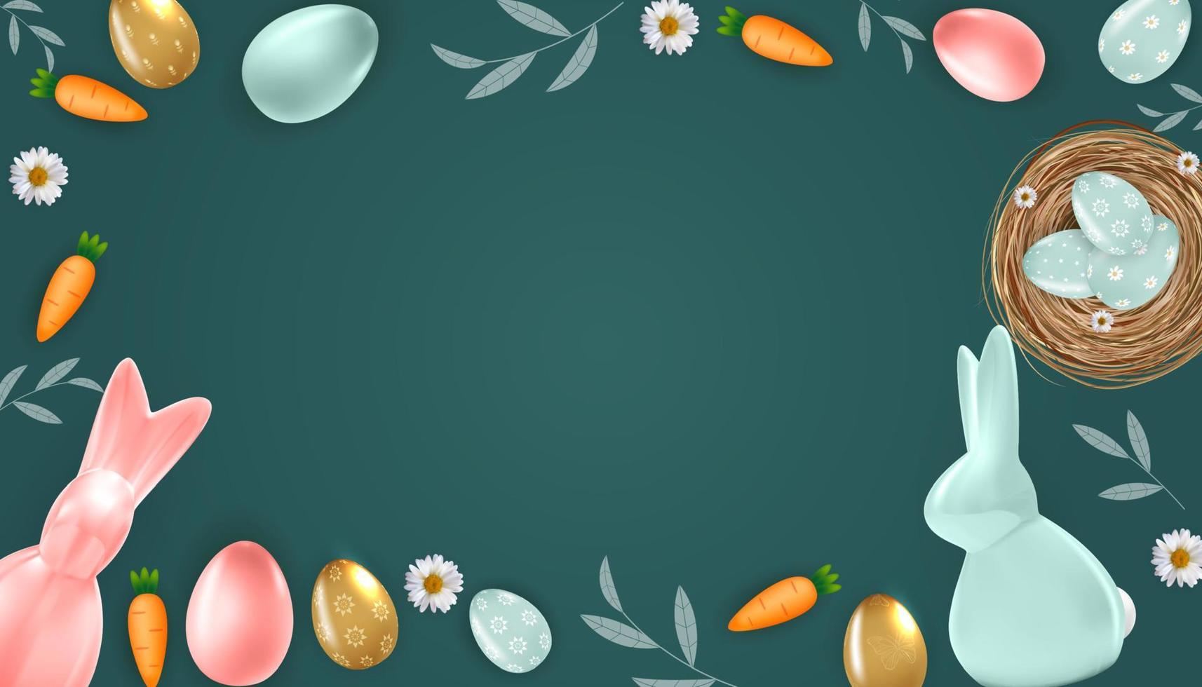 Easter poster template frame with 3d realistic Easter eggs, bunny and Carrot. Template for advertising, poster, flyer, greeting card. Vector Illustration