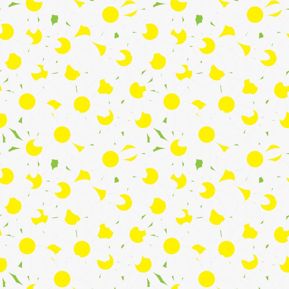 Unfolded chamomile on the whole green background, seamless pattern. Vector Illustration