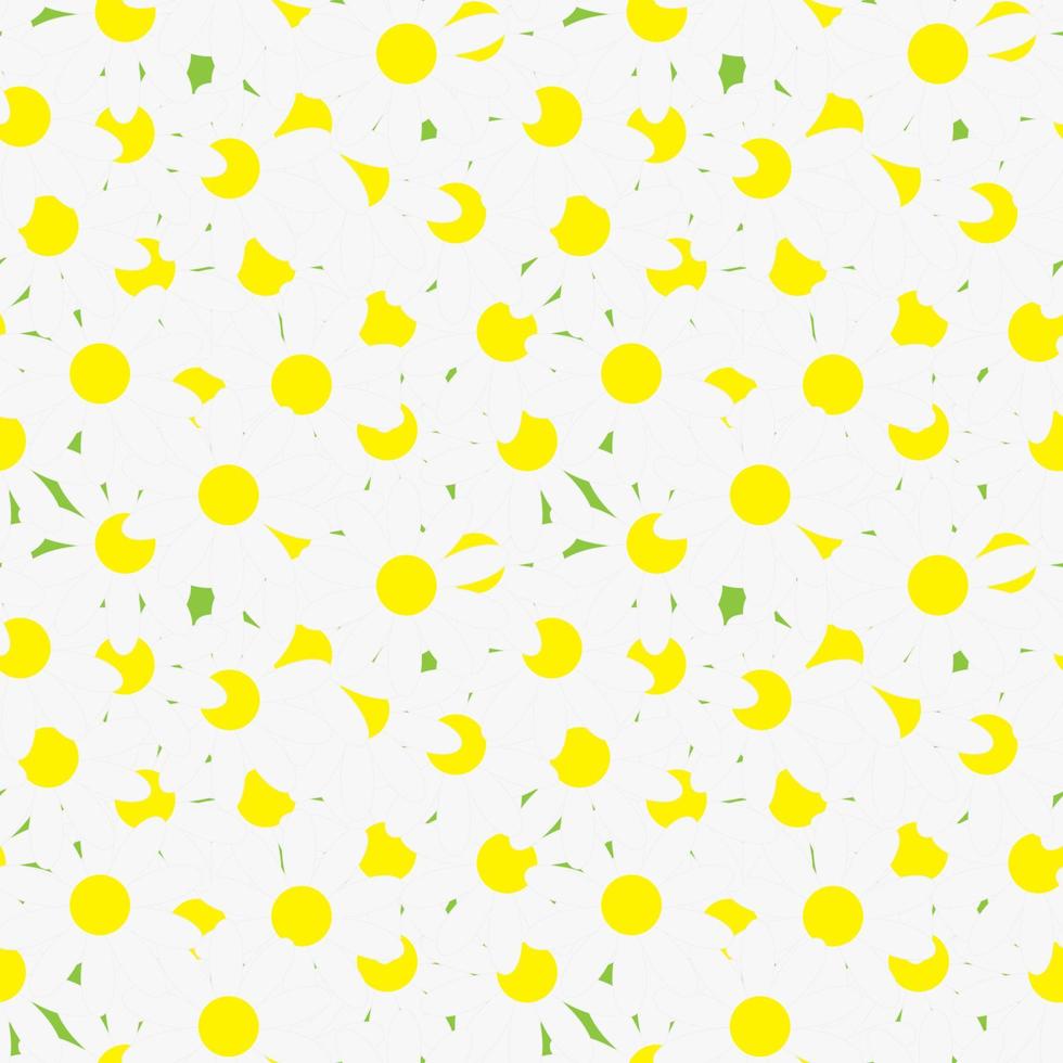 Unfolded chamomile on the whole green background, seamless pattern. Vector Illustration