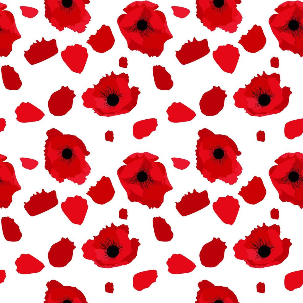 Simple red flower poppy with petals on white, seamless pattern. Vector Illustration