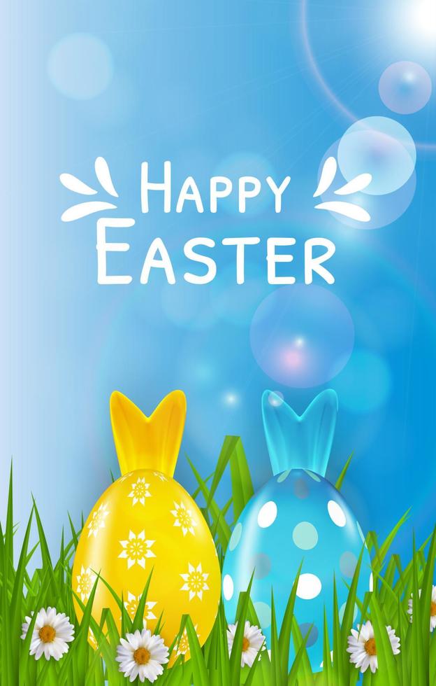 Plantilla de cartel de Pascua con huevos realistas en 3d, hierba y fondo de primavera. plantilla para publicidad, afiche, volante, tarjeta de felicitación. ilustración vectorial vector