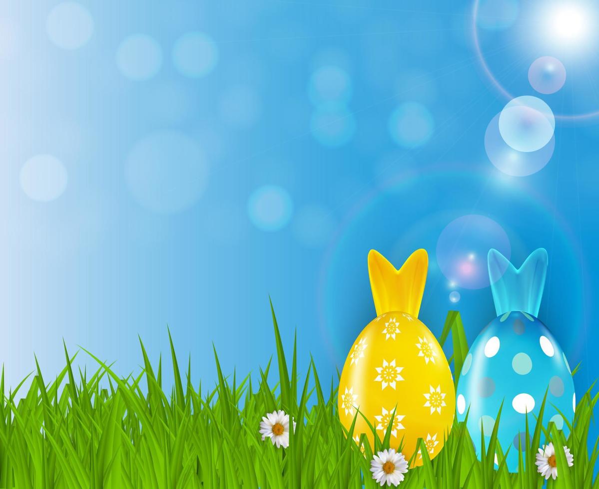 Easter poster template with 3d realistic eggs, grass and spring background.  Template for advertising, poster, flyer, greeting card.  Vector Illustration
