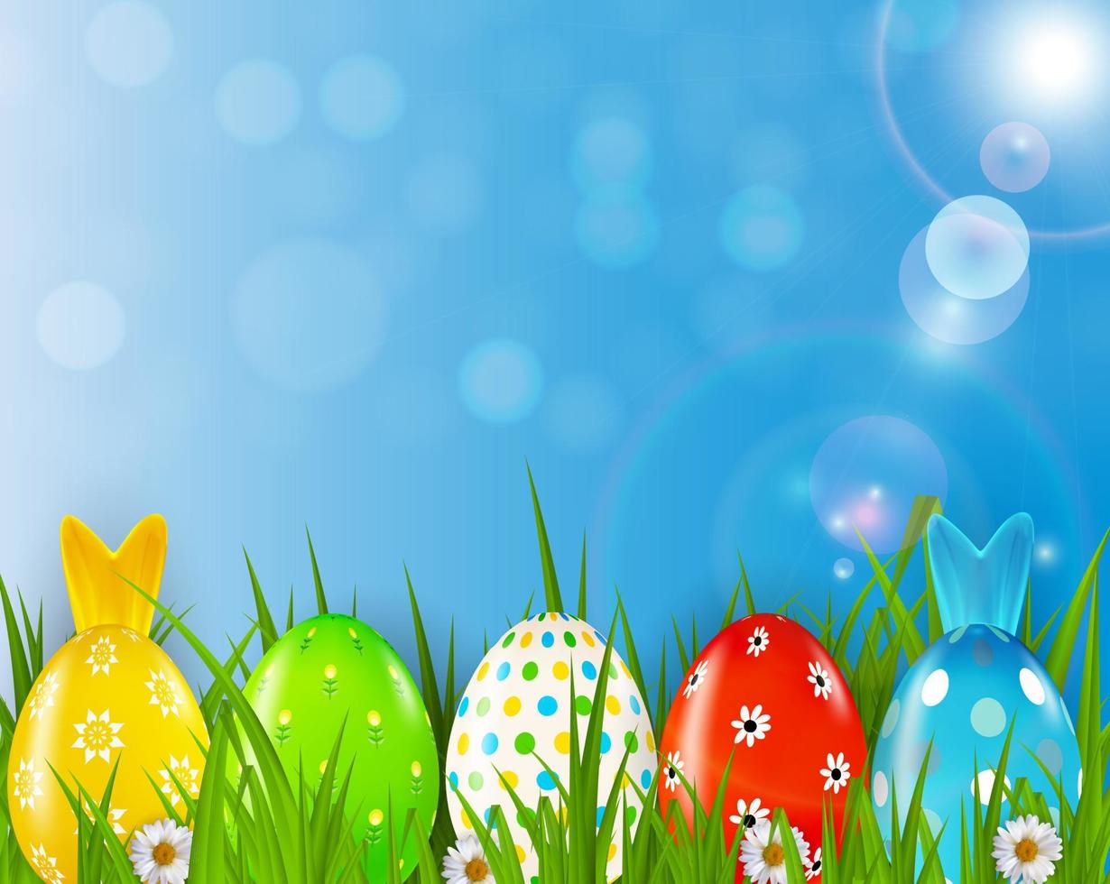 Easter poster template with 3d realistic eggs, grass and spring background.  Template for advertising, poster, flyer, greeting card.  Vector Illustration