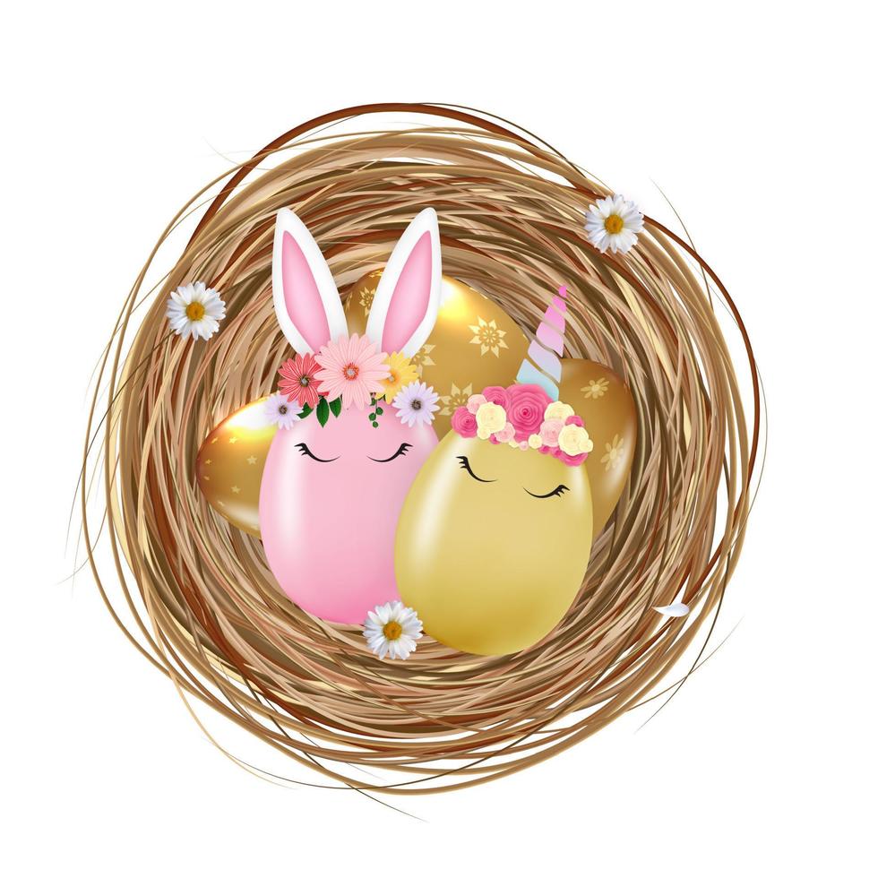 Happy Easter Cute Egg Rabbit Ears and Unicorn in bird nest. Vector Illustration