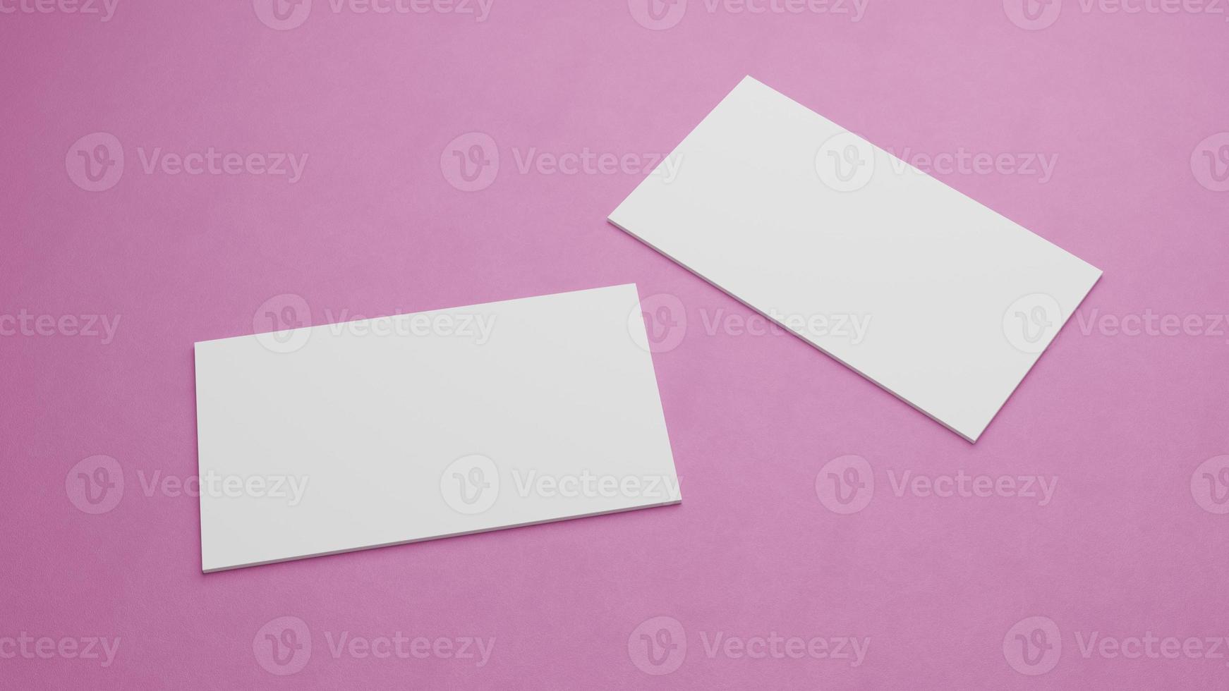 White business card mockup stacking on pink color table background. Object background concept for brand presentation template print. 3.5 x 2 inch paper size cover. 3D illustration rendering photo