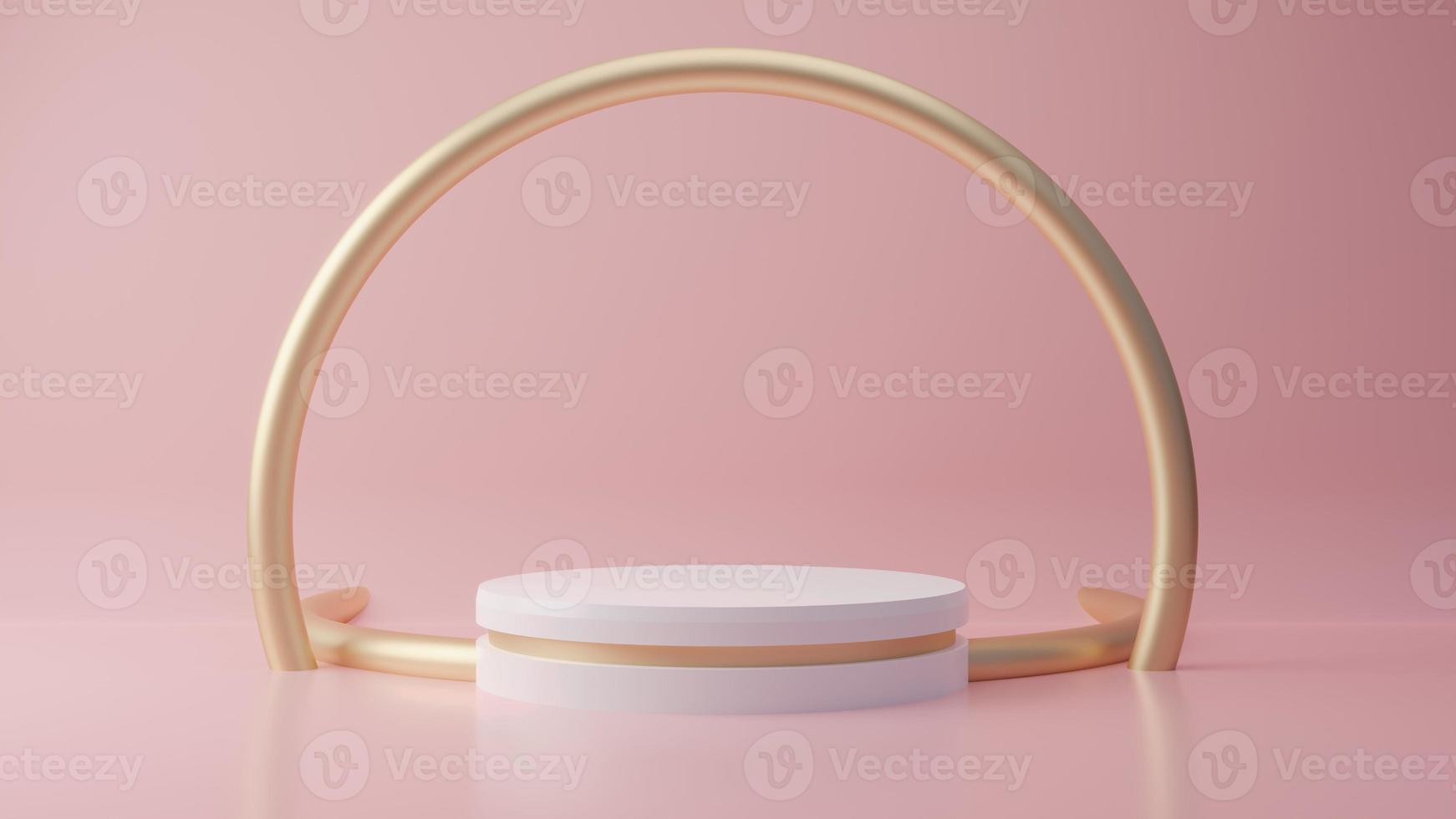 Pink pastel product stand with gold ring on background. Abstract minimal geometry concept. Studio podium platform theme. Exhibition and business marketing presentation stage. 3D illustration rendering photo