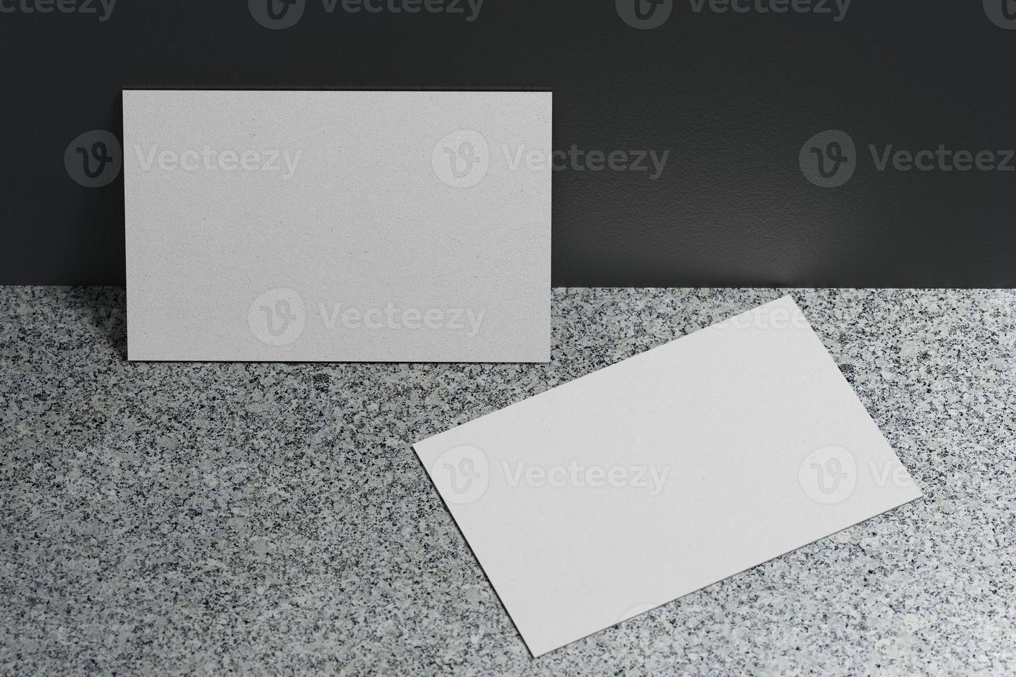 White business card paper mockup template with blank space cover for insert company logo or personal identity on marble floor background. Modern concept. 3D illustration render photo
