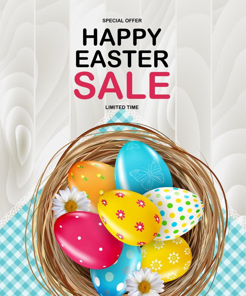 Easter poster template with 3d realistic eggs in nest. Template for advertising, poster, flyer, greeting card.  Vector Illustration