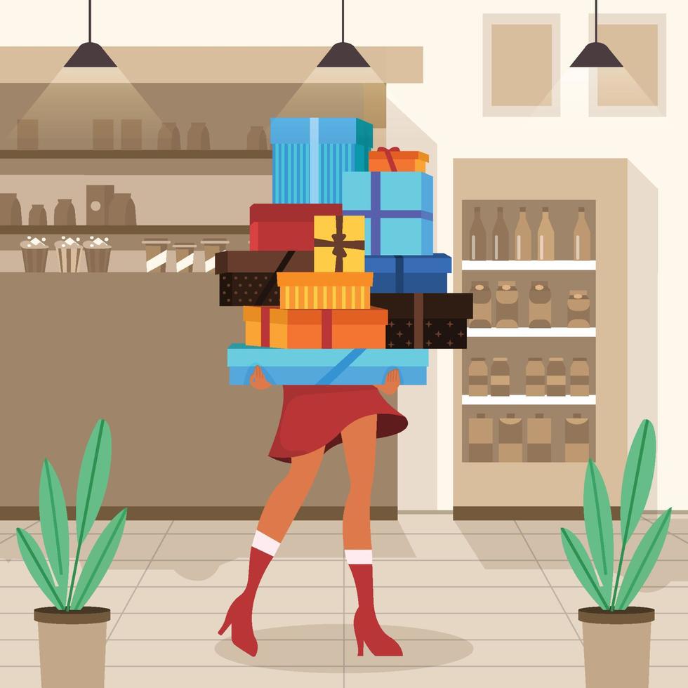 Woman Carry Stacks Of Christmas Gifts Concept vector