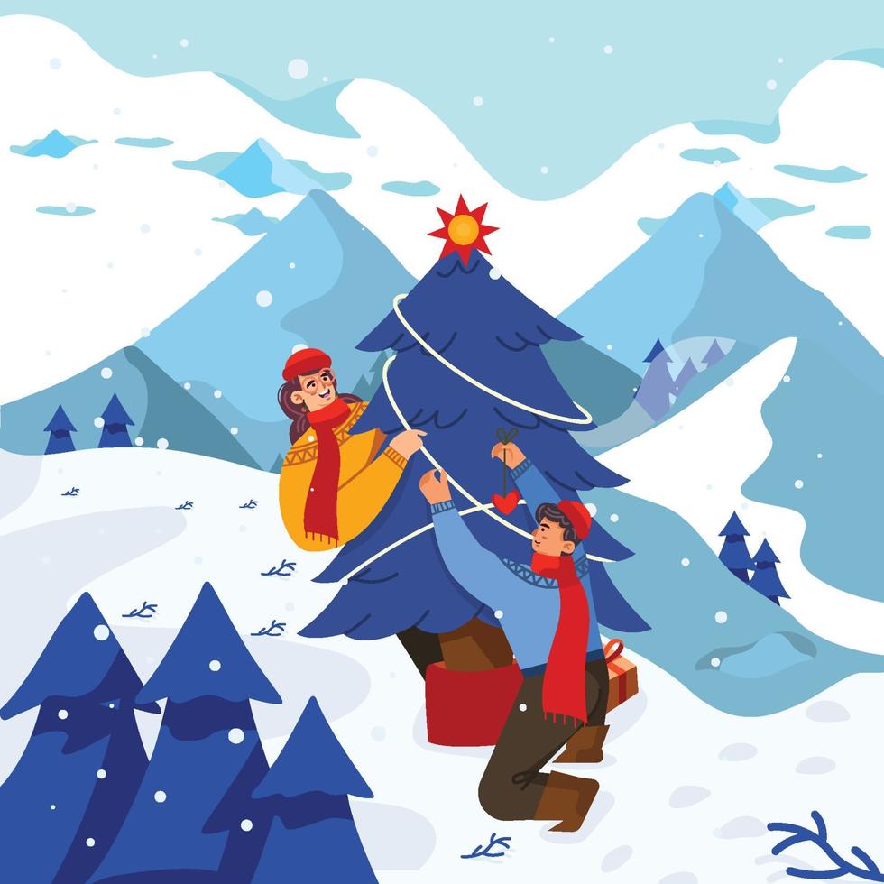 Man and Woman Decorate Christmas Tree Concept vector