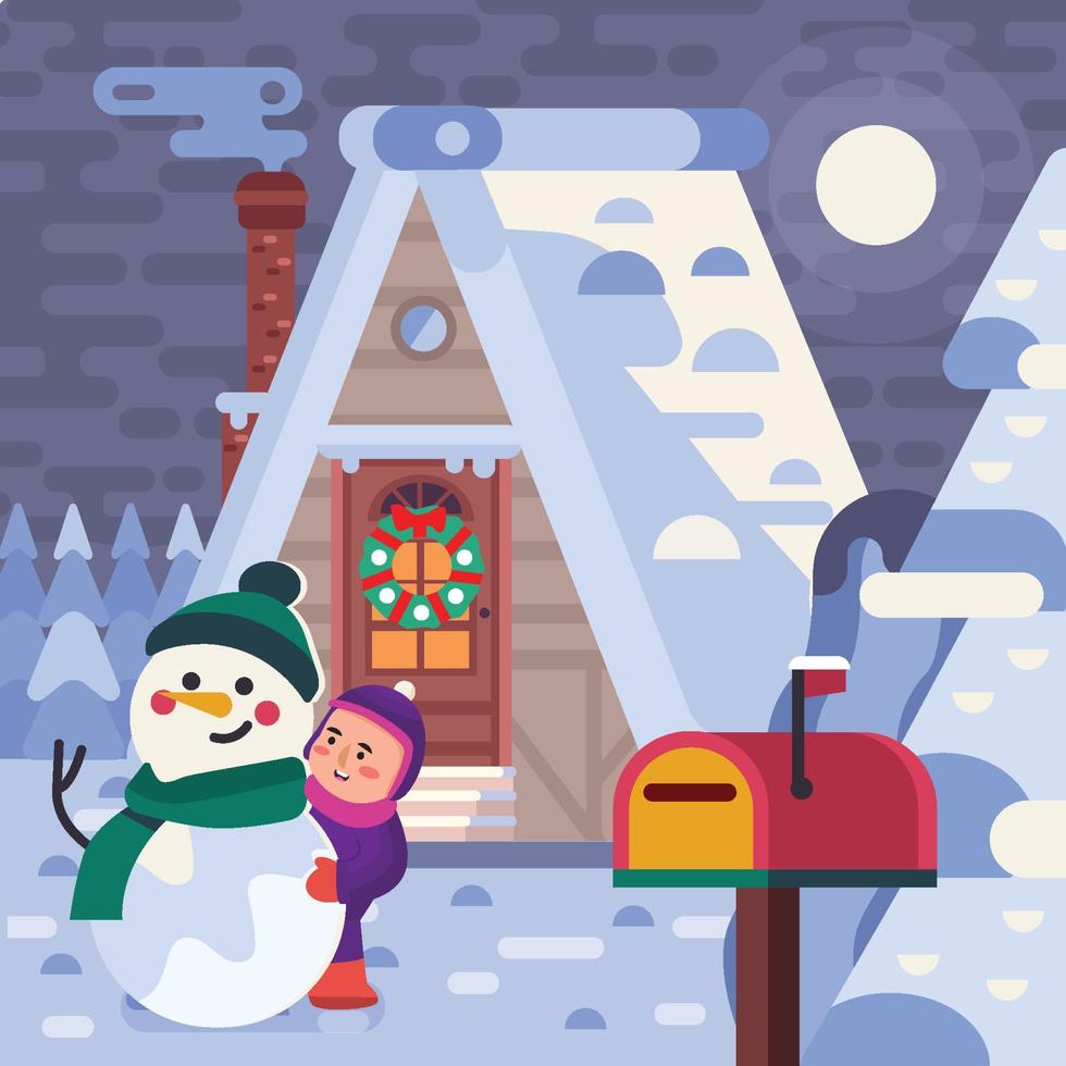 niño hace muñeco de nieve frente a su casa vector
