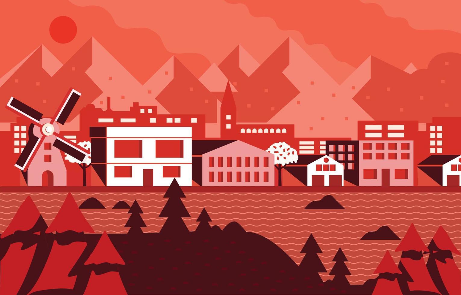 Red Nuance Building by the River Background vector