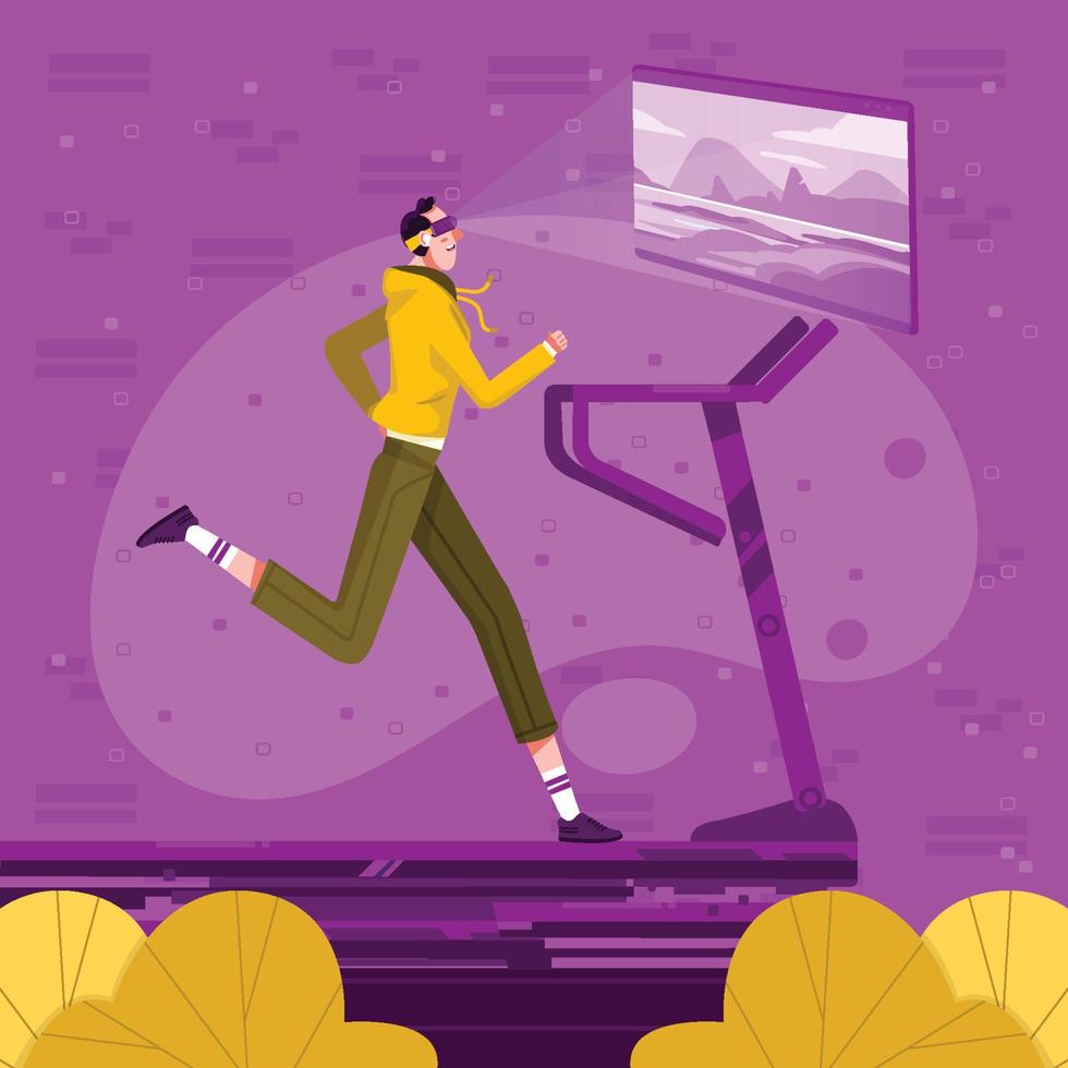 Man with Virtual Headset Running in Treadmill Concept vector