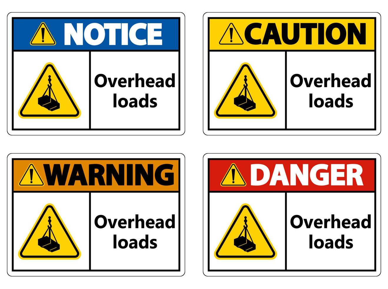Danger, overhead load text, falling hazard risk caution warning sign vector
