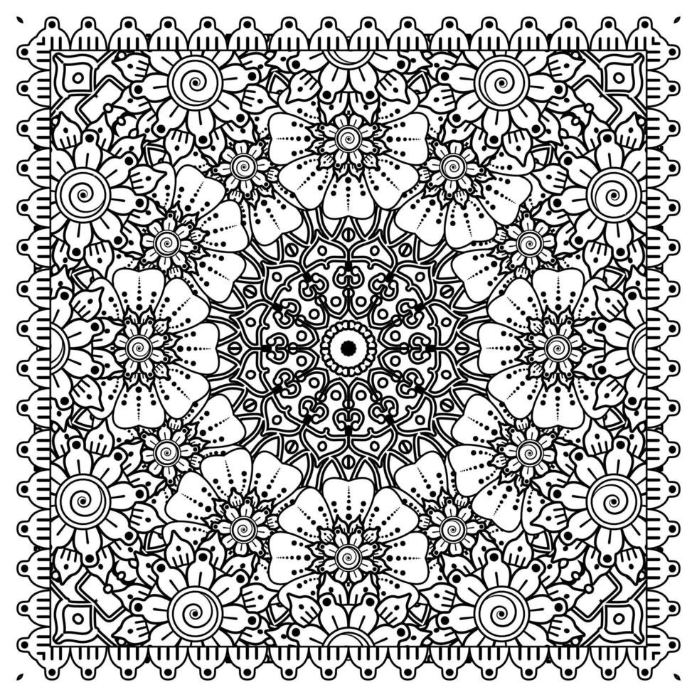 Outline square flower pattern in mehndi style for coloring book page vector