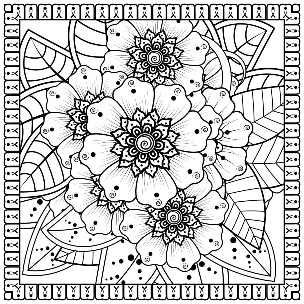 Outline square flower pattern in mehndi style for coloring book page vector