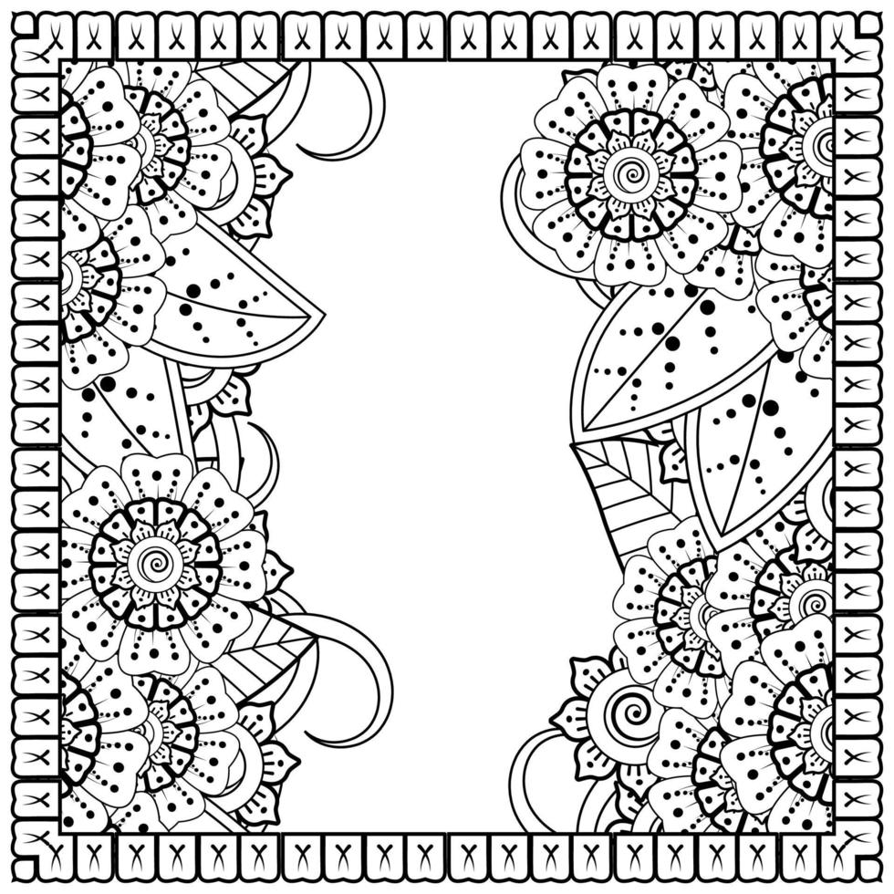 Esquema de patrón de flores cuadradas en estilo mehndi para colorear la página del libro vector