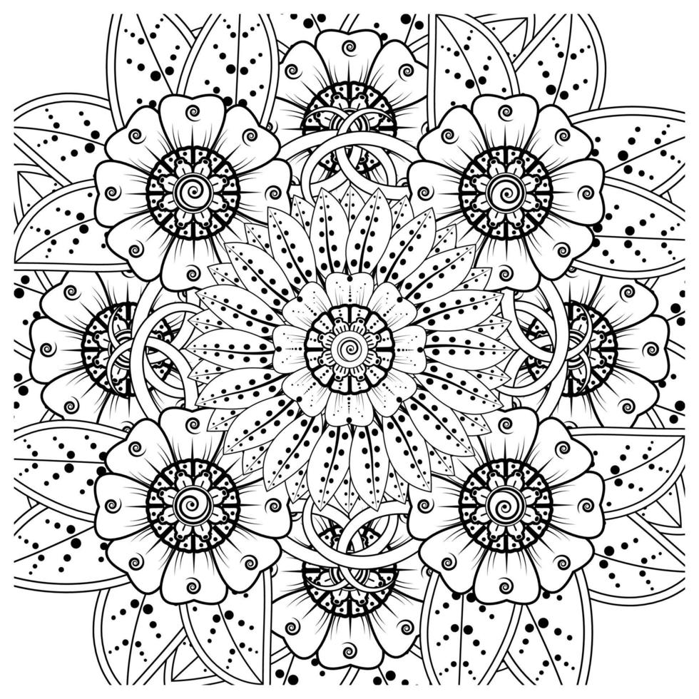 Outline square flower pattern in mehndi style for coloring book page vector