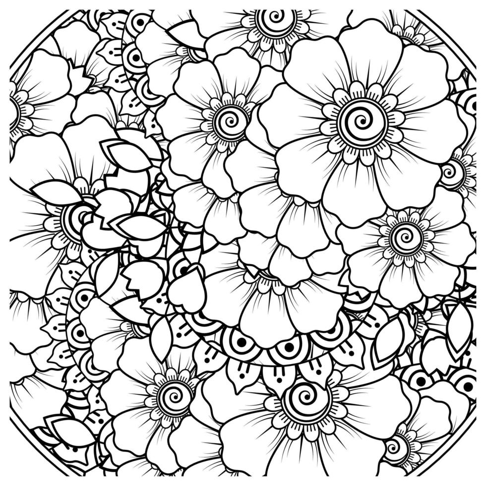 adorno decorativo de flores mehndi en estilo étnico oriental, adorno de doodle, dibujo a mano de contorno. página de libro para colorear. vector