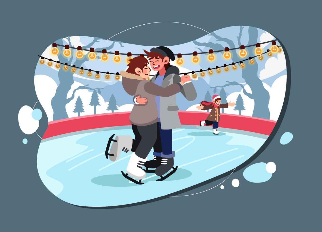 Pareja de patinaje sobre hielo en el lago congelado vector