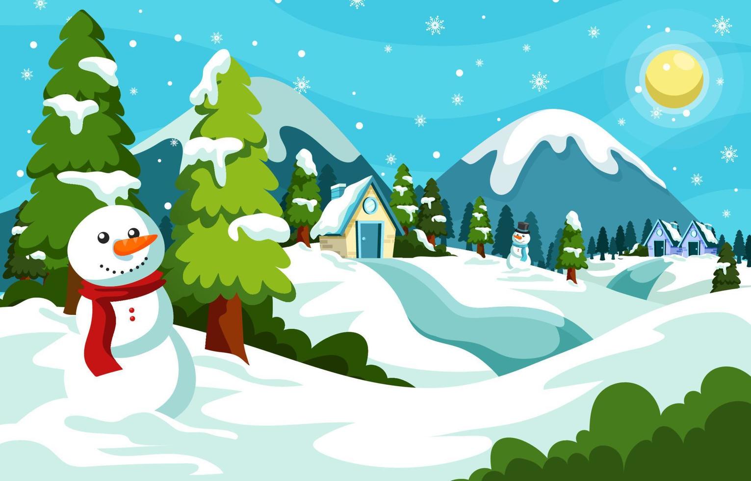 Winter Morning Scenery on the Forest with Snowman vector