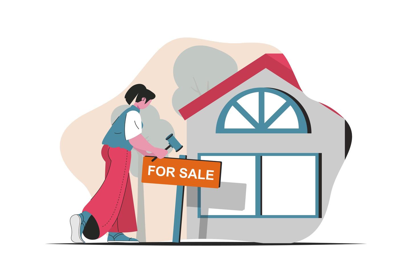 Real estate concept isolated. Homes for sale, realtor services, bank loans, mortgage. People scene in flat cartoon design. Vector illustration for blogging, website, mobile app, promotional materials.