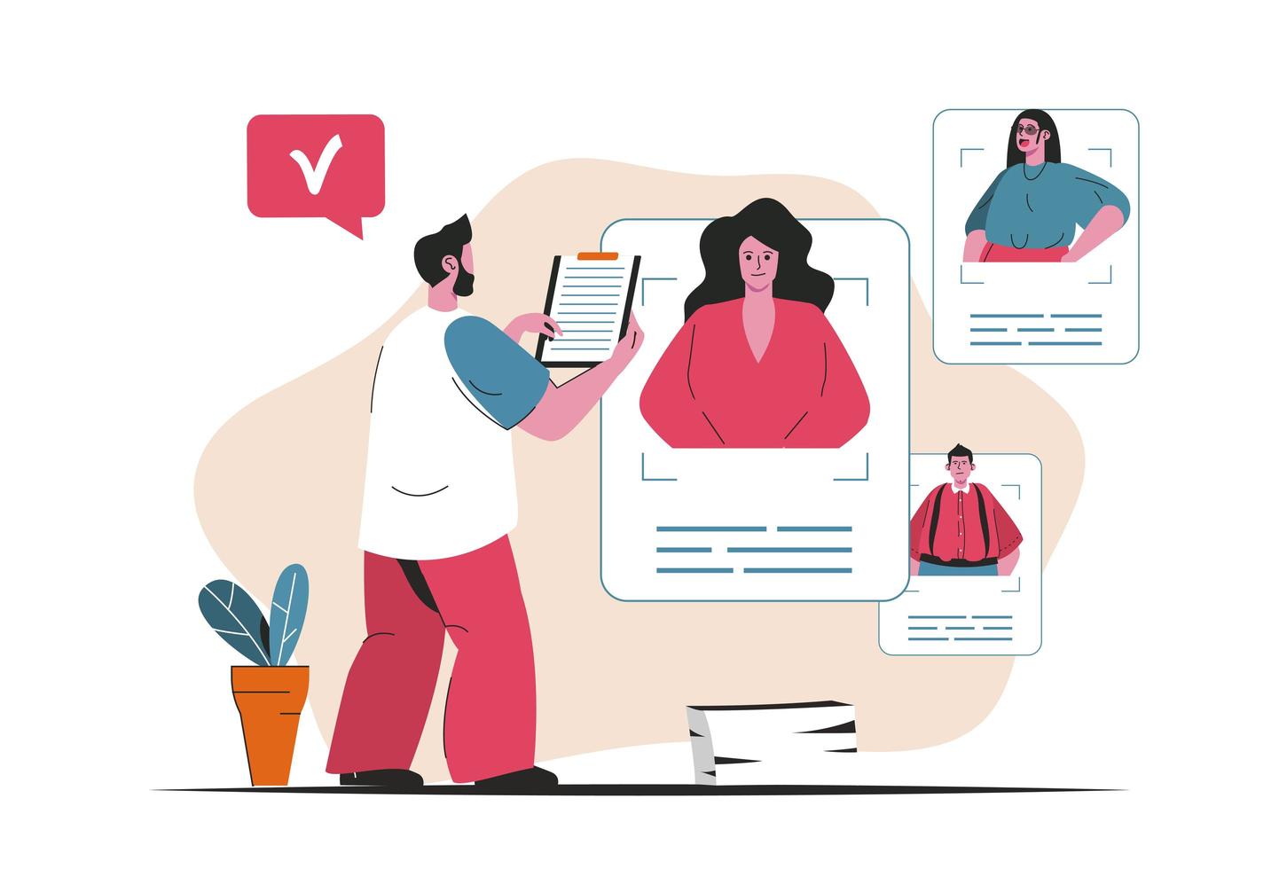 Recruitment agency concept isolated. Candidate resume search, human resources. People scene in flat cartoon design. Vector illustration for blogging, website, mobile app, promotional materials.