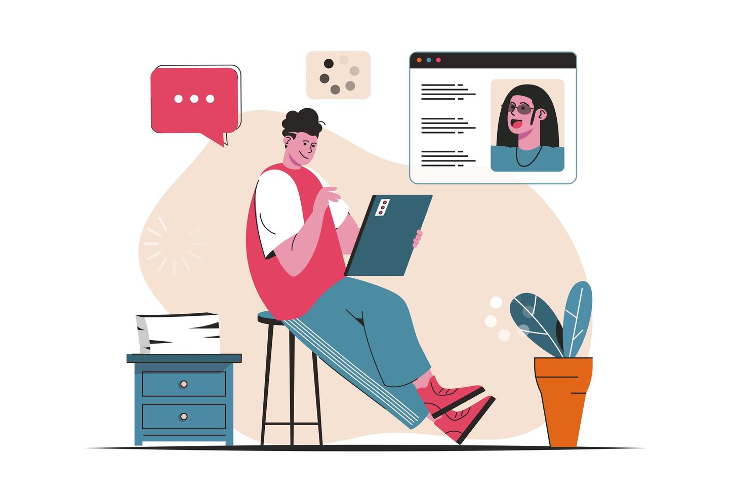 concepto de video chat aislado. los amigos hablan mediante videollamadas en Messenger. escena de personas en diseño plano de dibujos animados. ilustración vectorial para blogs, sitios web, aplicaciones móviles, materiales promocionales. vector