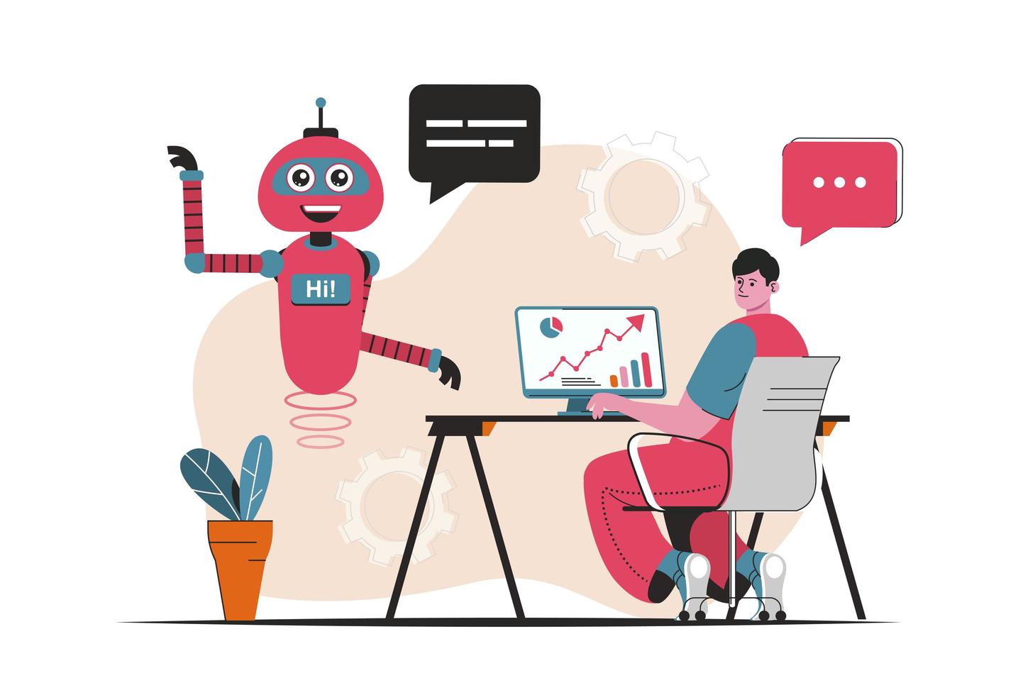 Virtual assistant concept isolated. Customer support by bots robots at online chats. People scene in flat cartoon design. Vector illustration for blogging, website, mobile app, promotional materials.