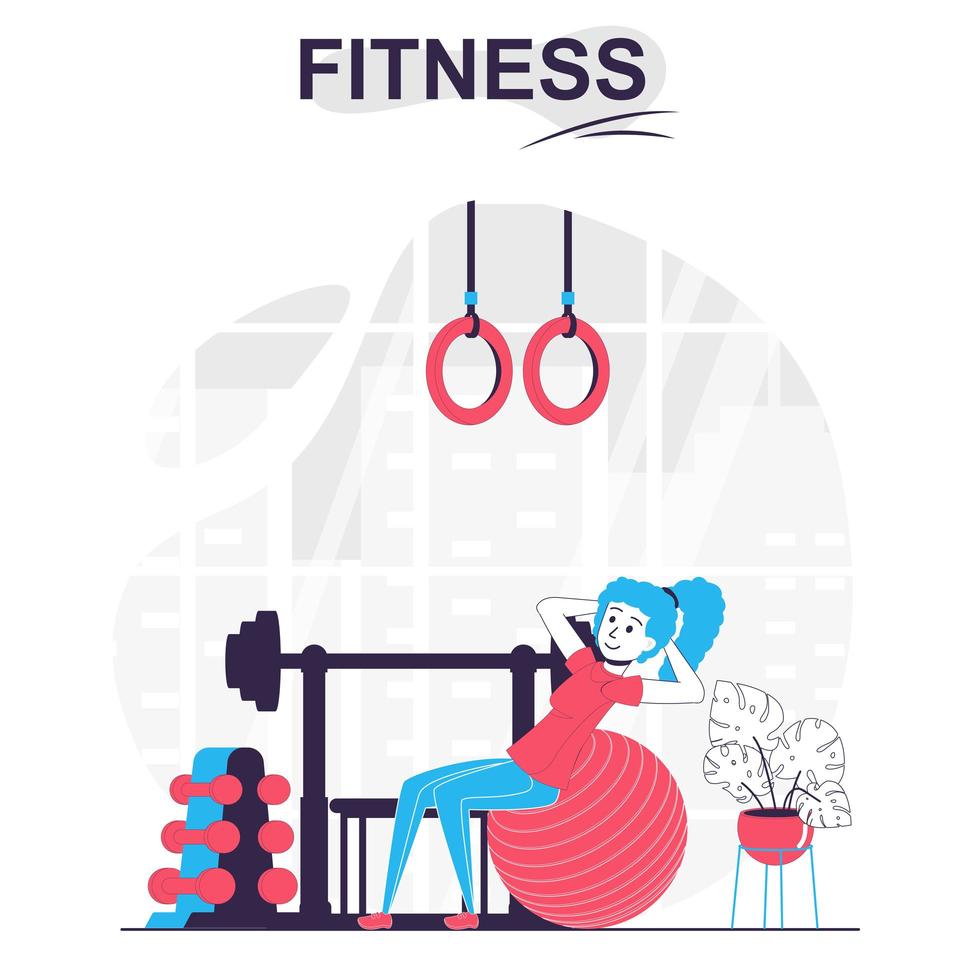 fitness aislado concepto de dibujos animados. mujer haciendo ejercicio con pelota y entrenando en el gimnasio, escena de personas de entrenamiento deportivo en diseño plano. ilustración vectorial para blogs, sitios web, aplicaciones móviles, materiales promocionales. vector