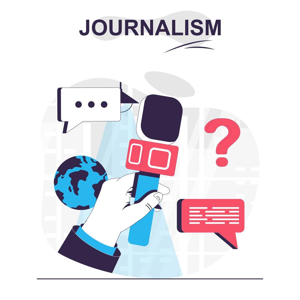 Journalism isolated cartoon concept. Journalist holding microphone at press conference, people scene in flat design. Vector illustration for blogging, website, mobile app, promotional materials.