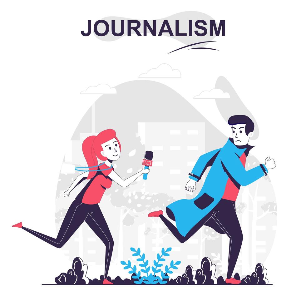 Journalism isolated cartoon concept. Journalist or paparazzi runs after man, mass media people scene in flat design. Vector illustration for blogging, website, mobile app, promotional materials.