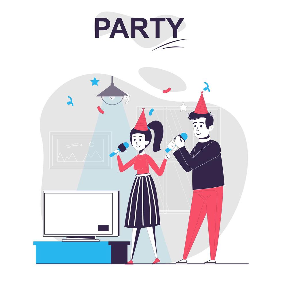 Party isolated cartoon concept. Man and woman celebrate holiday, sing karaoke and have fun, people scene in flat design. Vector illustration for blogging, website, mobile app, promotional materials.