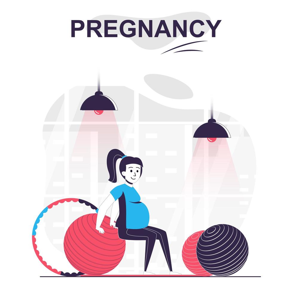 Pregnancy and motherhood isolated cartoon concept. Pregnant woman doing fitness on big ball, people scene in flat design. Vector illustration for blogging, website, mobile app, promotional materials.